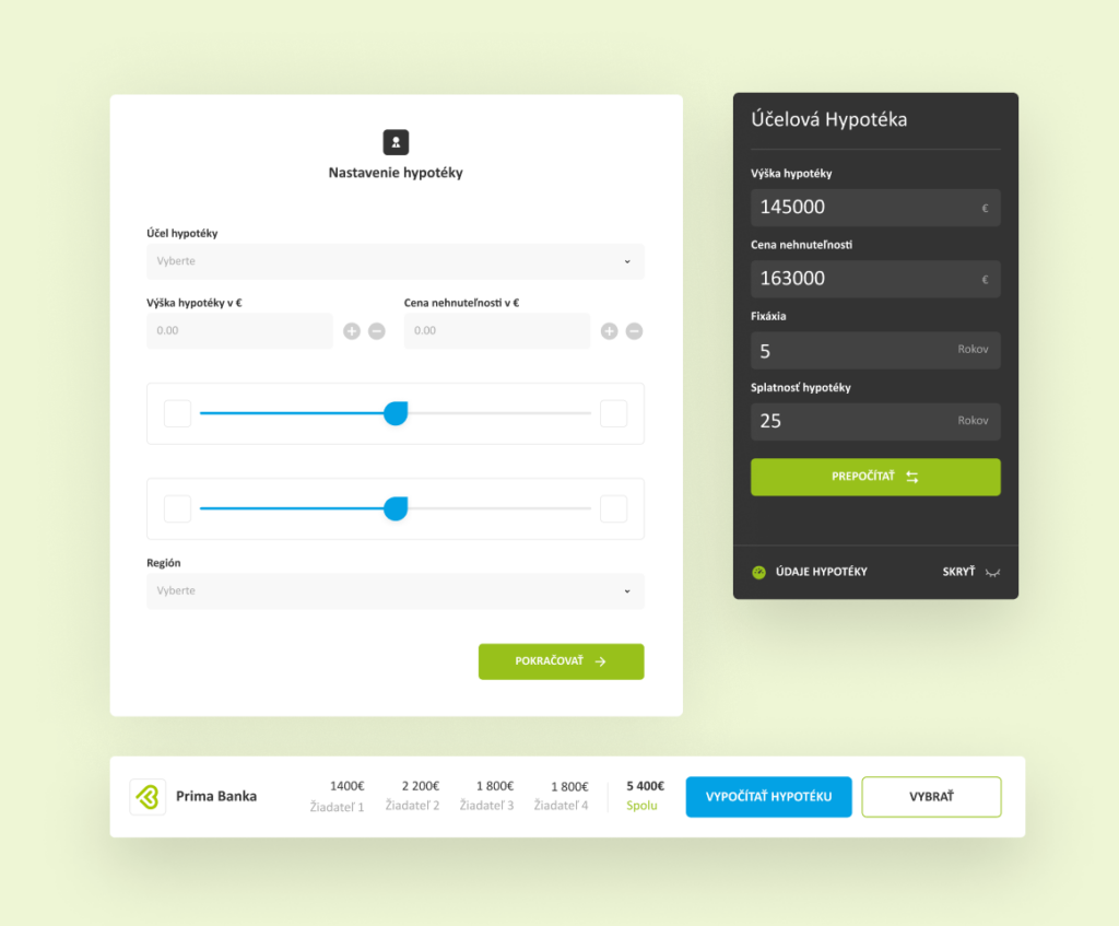 UI komponenty hypotekárnych kalkulačiek CRM sytému